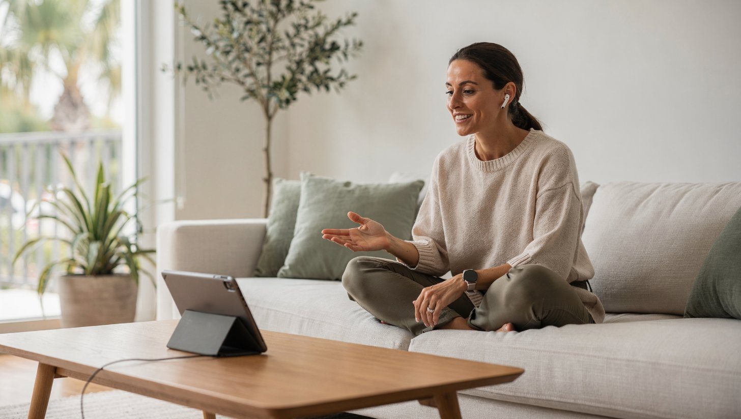 A woman on a video visit from her sofa, talking with her clinician on a tablet
